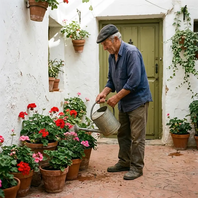 Hombre mayor regando macetas en el patio de su casa de pueblo