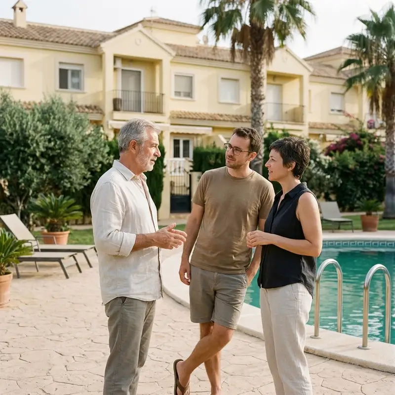 Vecinos hablando junto a la piscina de una urbanización