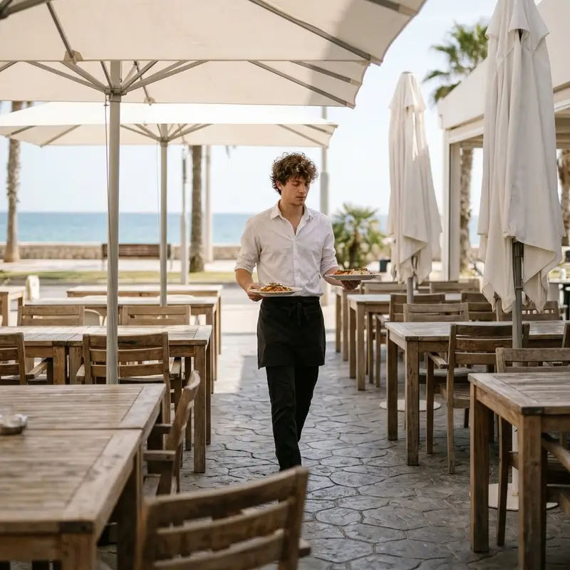 Terraza de un restaurante con suelo de hormigón impreso y mesas al sol