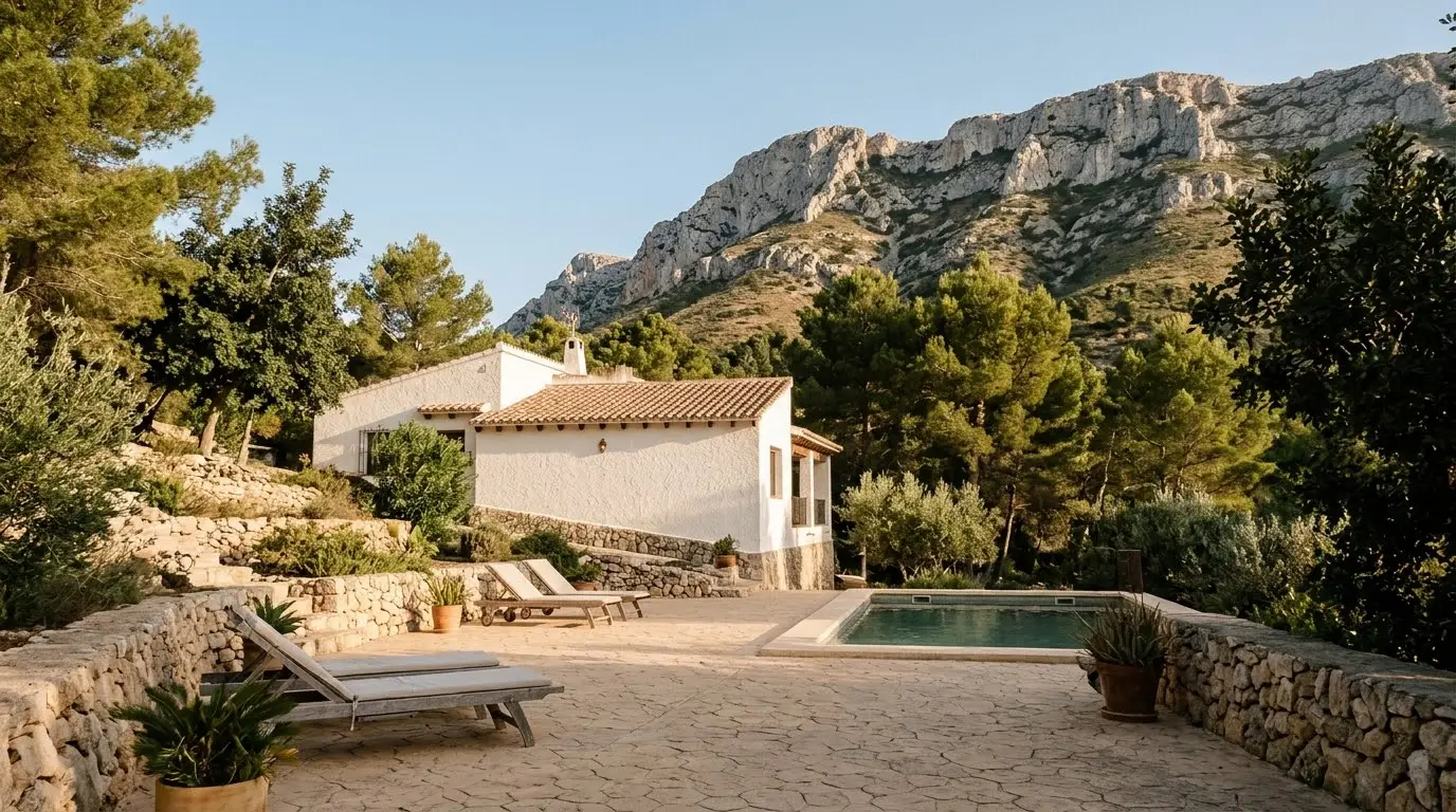 Chalé blanco con patio de hormigón impreso en la falda del Montgó