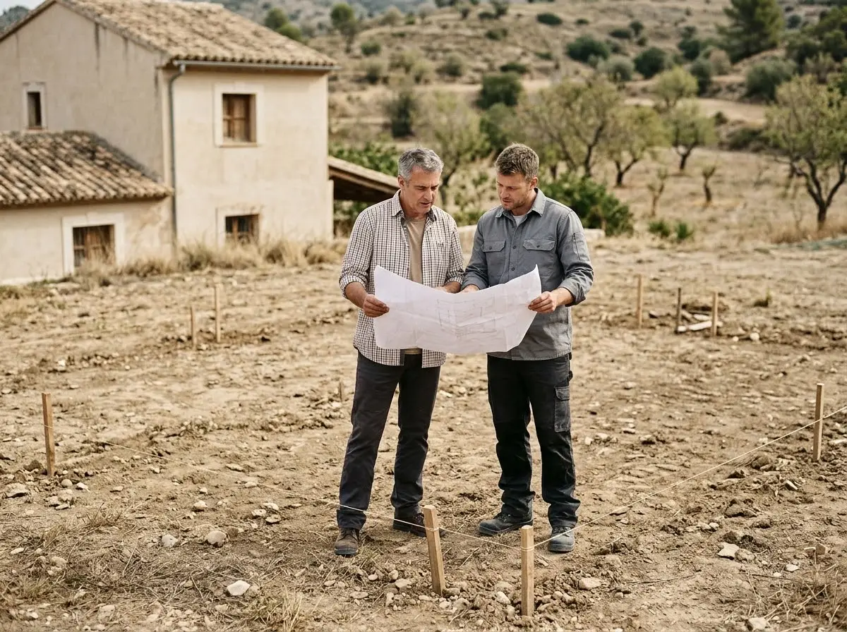 Propietario y técnico mirando un plano junto a una parcela marcada con estacas