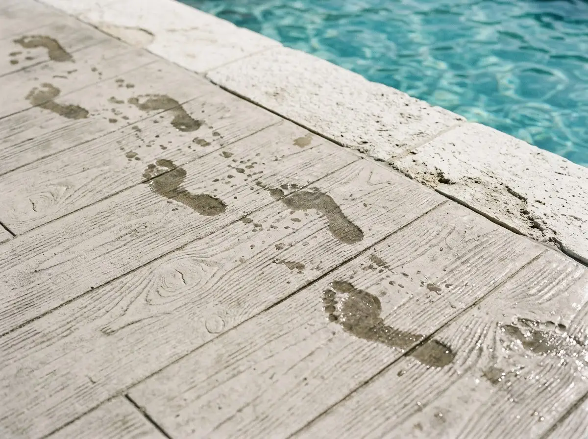 Detalle de hormigón impreso imitación madera junto al borde de una piscina