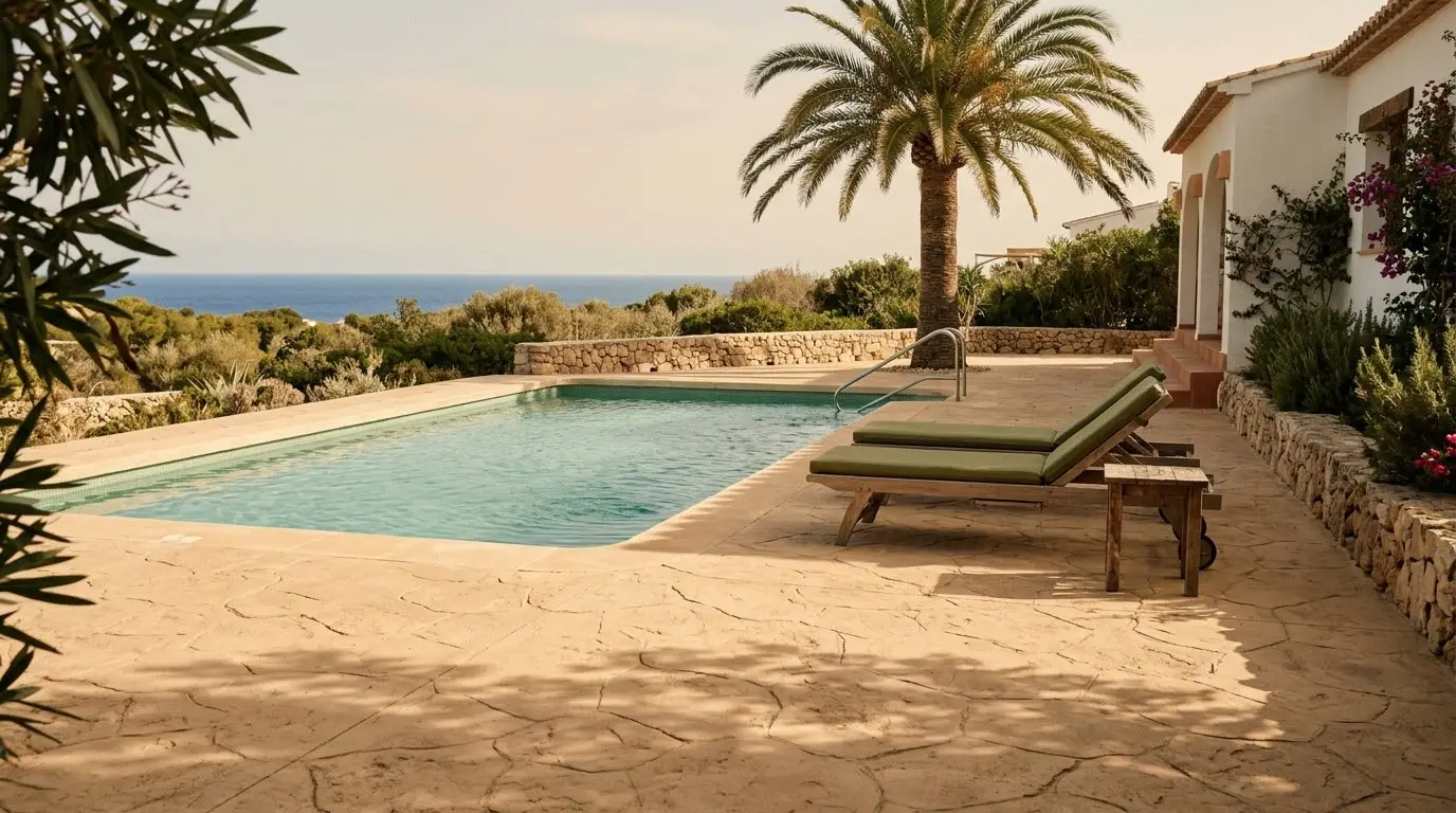 Piscina de un chalé rodeada de hormigón impreso color arena con tumbonas