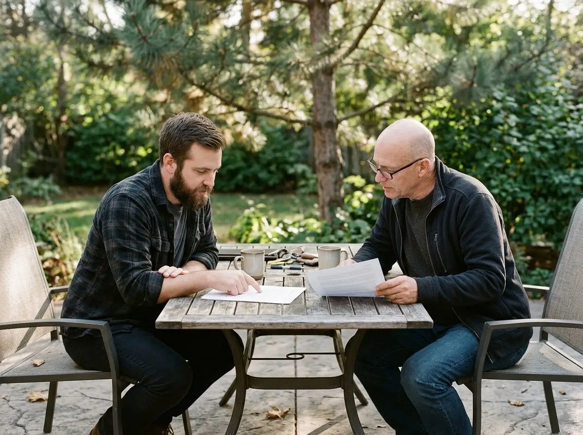 Dos personas comparando presupuestos en papel sobre una mesa de jardín