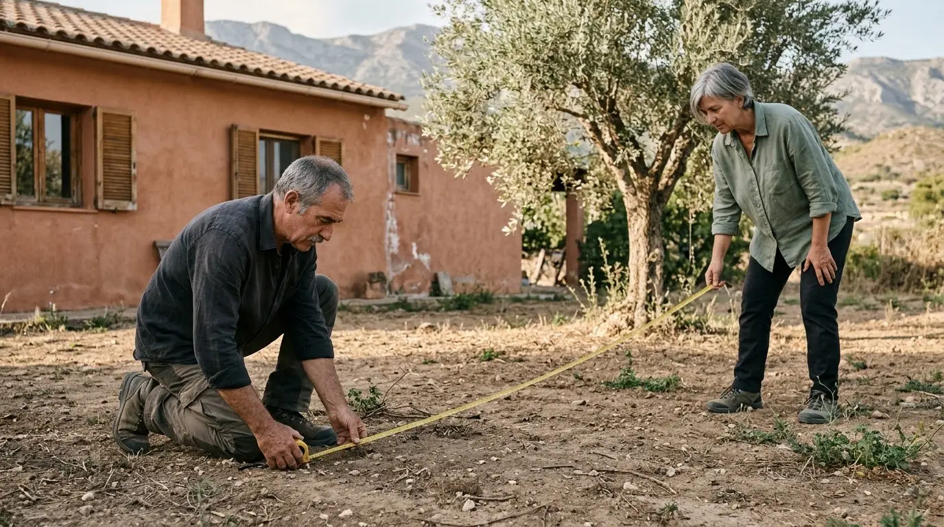 Pareja midiendo con una cinta métrica el patio de tierra de su casa