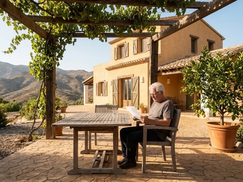 Hombre mirando un presupuesto en la terraza de su casa con el patio de hormigón impreso detrás