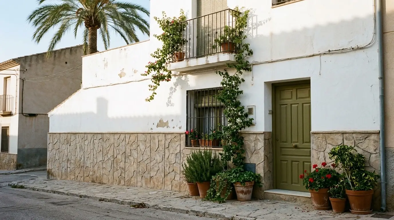 Fachada de una casa con la parte baja revestida de hormigón impreso imitación piedra